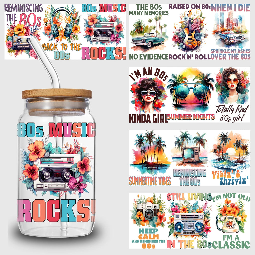 5 sheets 80s Retro UV DTF Cup Stickers, Glass Cup Sports DTF Transfer Stickers, Waterproof Wipe Transfer Paper