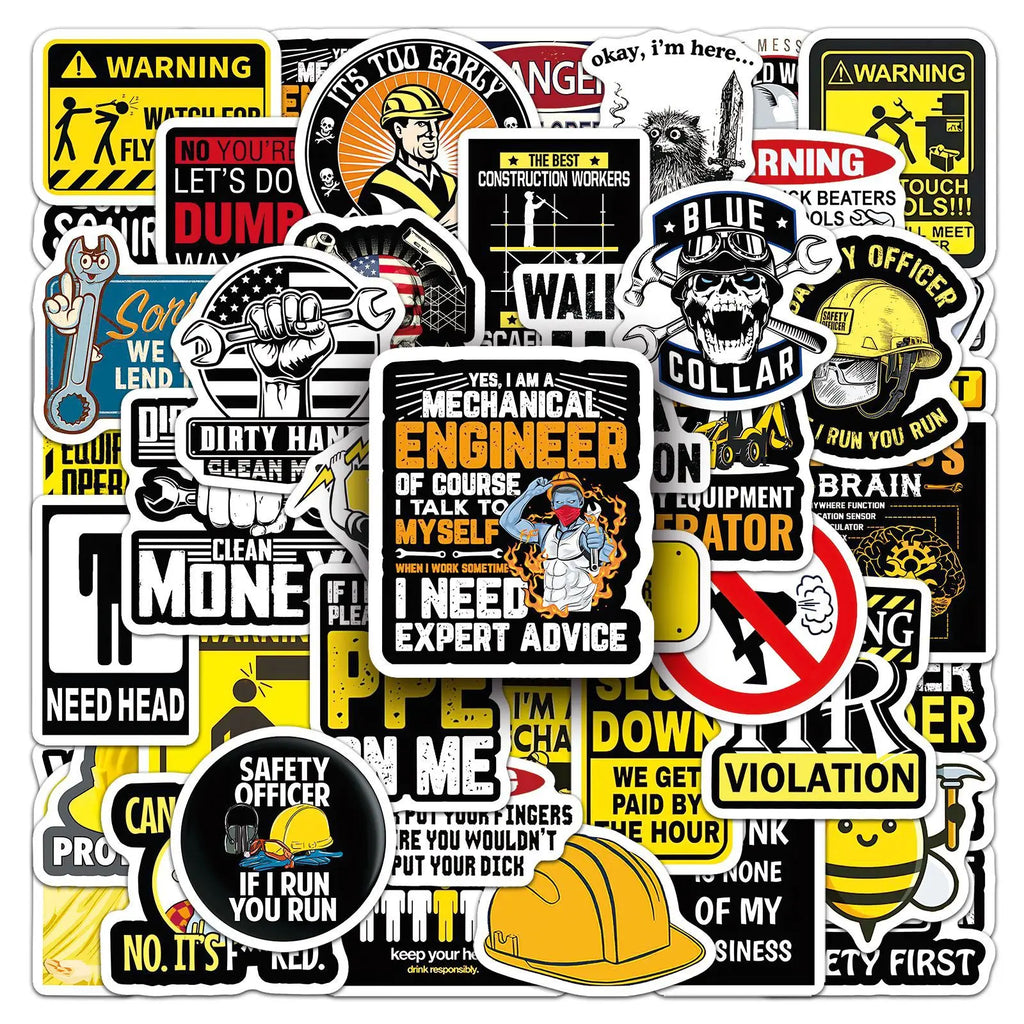 50PCS Safety Helmet Slogan Stickers, Warning Signs Stationery Computer Helmet Suitcase Decora Art Stickers