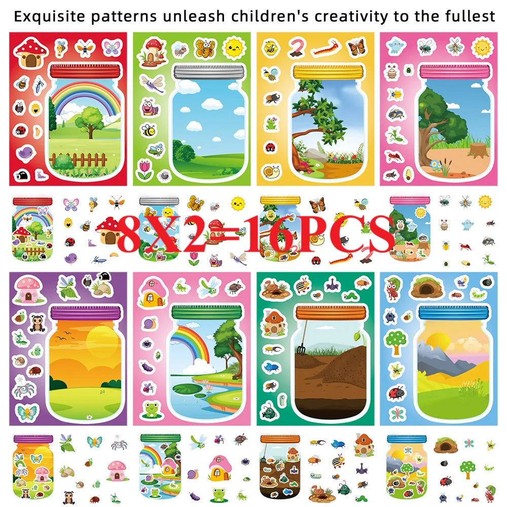 8/16PCS Cartoon Outdoor Bottle World Puzzle Stickers Animal Children Puzzle Fun Toys Landscape Stickers