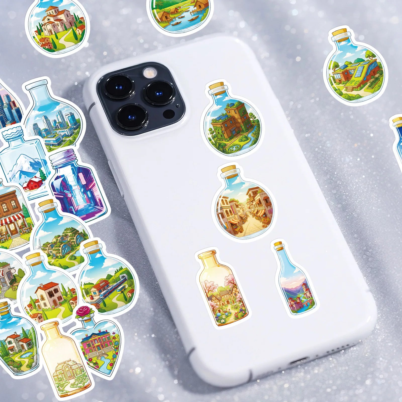 56/112PCS Bottle World Glass Cartoon Stickers Miniature Landscape Building Dreamy Healing Waterproof Stationery Reward Stickers
