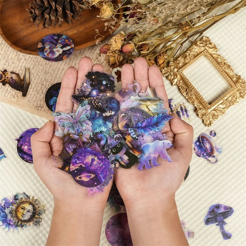 56PCS Kawaii Purple Magic PET Sticky Sticker Aesthetic Tear Open DIY Decoration Scrapbooking School Stationery Supplies