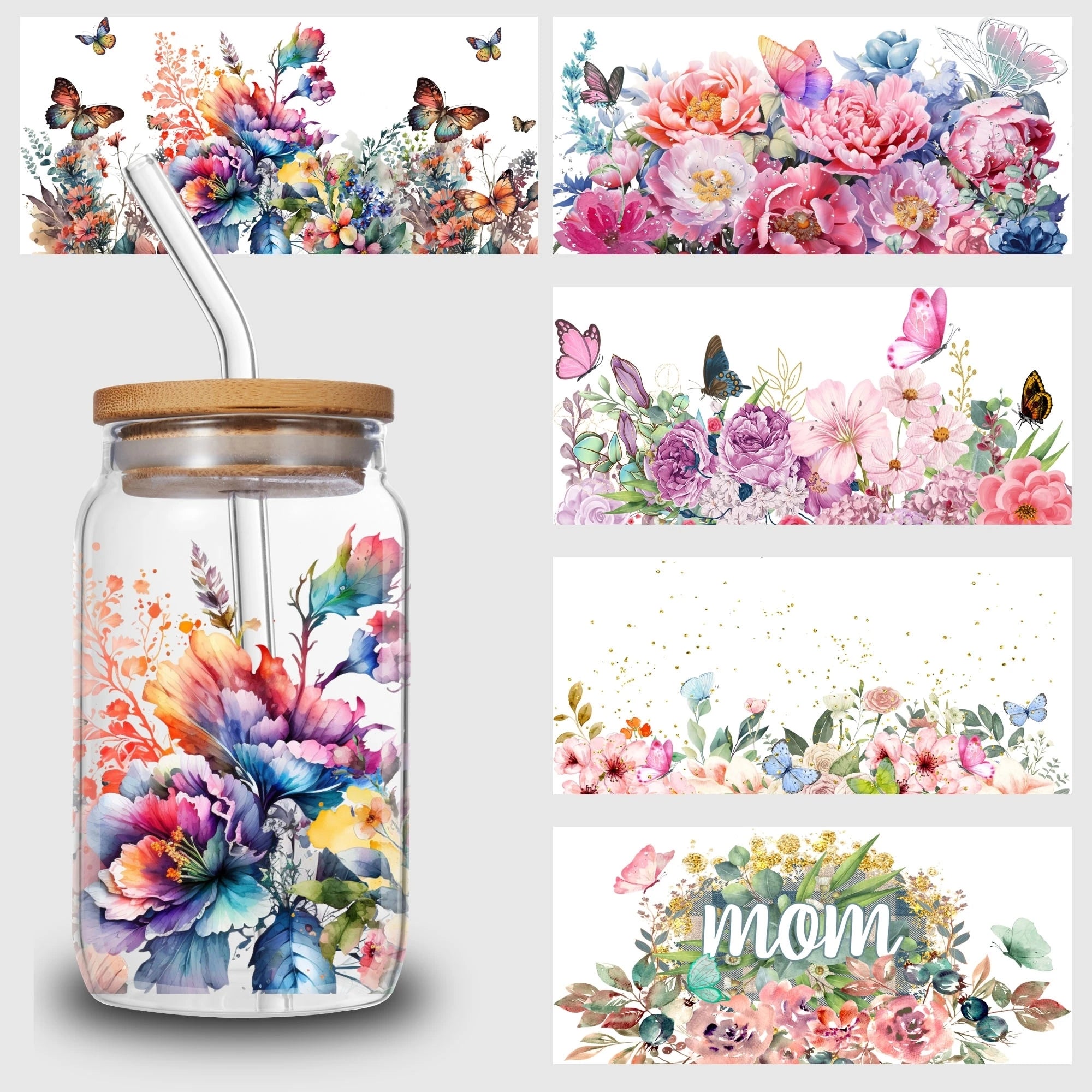 5 Sheets Plant UV DTF Cup Stickers, DTF Friction Transfer Stickers, Waterproof Transfer Stickers for 16 Ounces Glass Cups, DIY