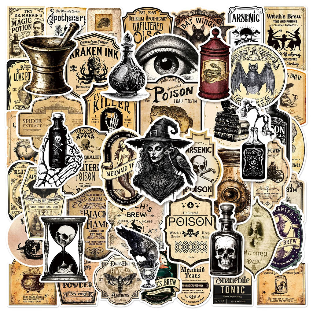 50/100 Pcs Vintage Apothecary Witch Potion Doodle Stickers for Scooter Notebook Suitcase Decals DIY Game Reward Decals