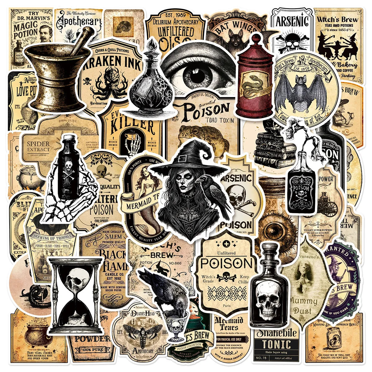 50/100 Pcs Vintage Apothecary Witch Potion Doodle Stickers for Scooter Notebook Suitcase Decals DIY Game Reward Decals