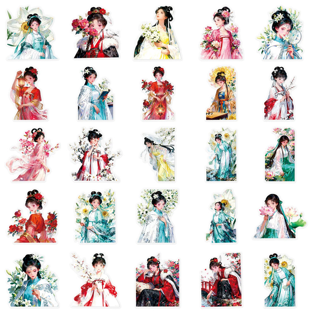 50/100PCS Transparent Stickers Cartoon Girl Hanfu Exquisite PET Notebook Account Stationery Stickers