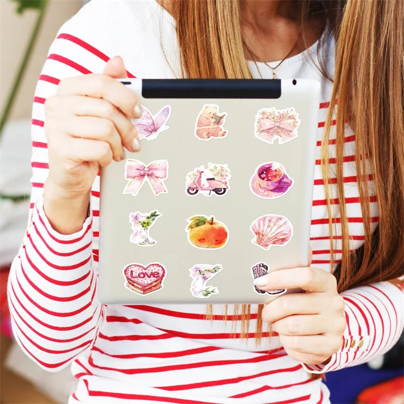 10/30/50PCS Kawaii Pink Sweet Sticky PVC Sticker Aesthetic Children's Stationery DIY Decoration Scrapbooking School Supplies
