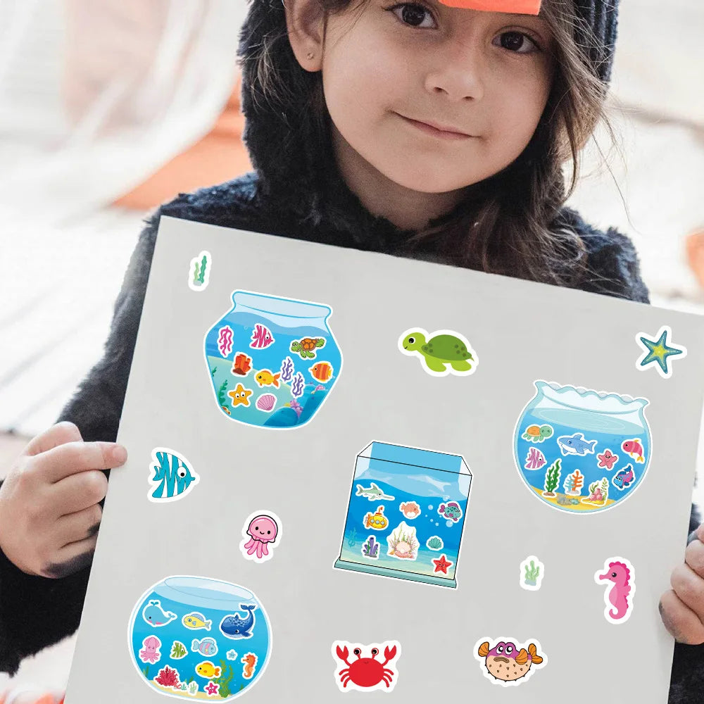 8/16/24Pcs Fish Tank Ocean Animal Puzzle Stickers, Kids DIY Decals Marine Sticker for Notebook Phone Suitcase Fridge Decor
