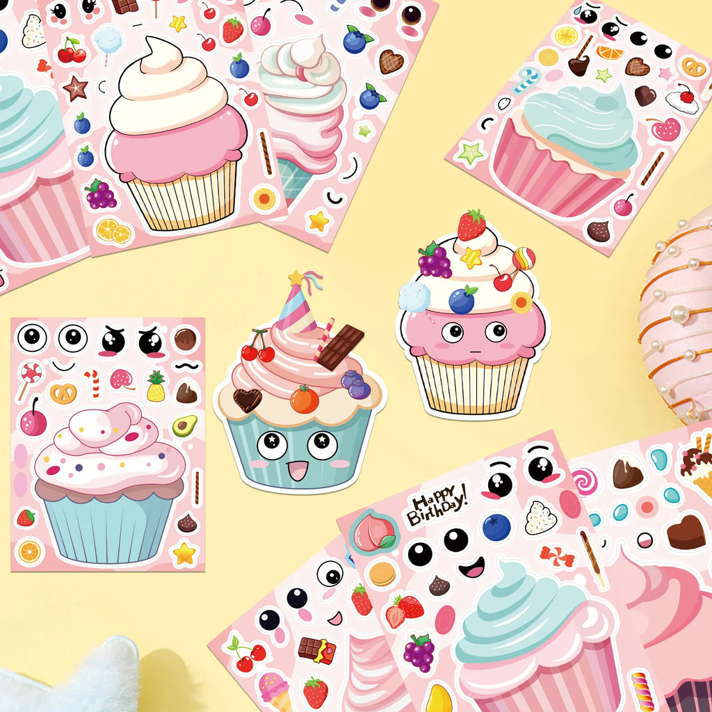 16/24PCS Cute Cartoon Paper Cup Cake Face Changing Stickers Notebook Decoration Waterproof Stationery Children Reward Stickers