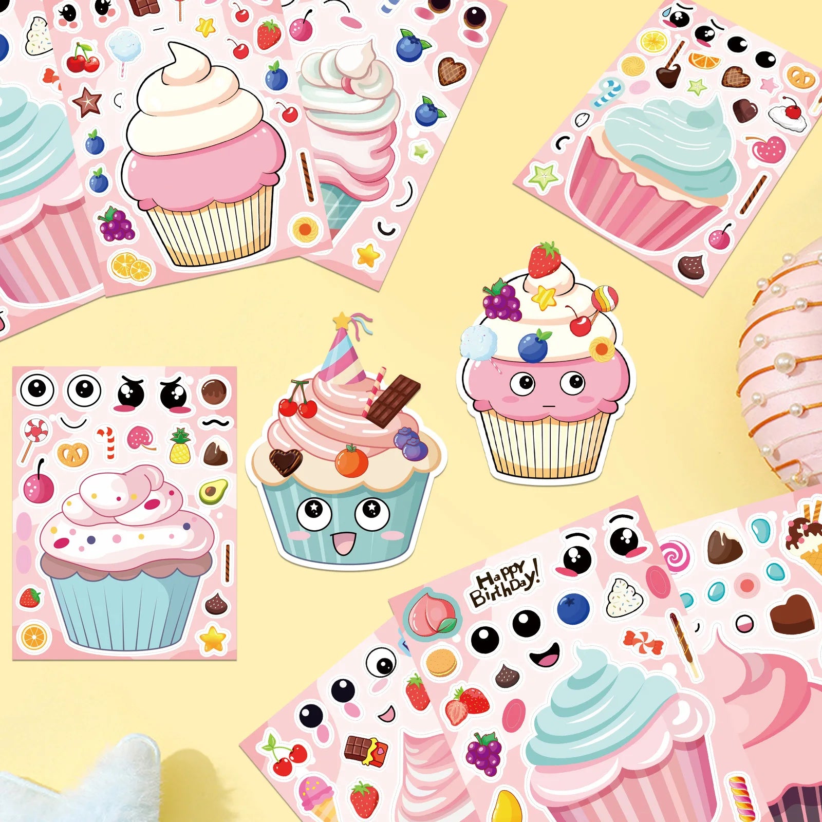 16/24PCS Cute Cartoon Paper Cup Cake Face Changing Stickers Notebook Decoration Waterproof Stationery Children Reward Stickers