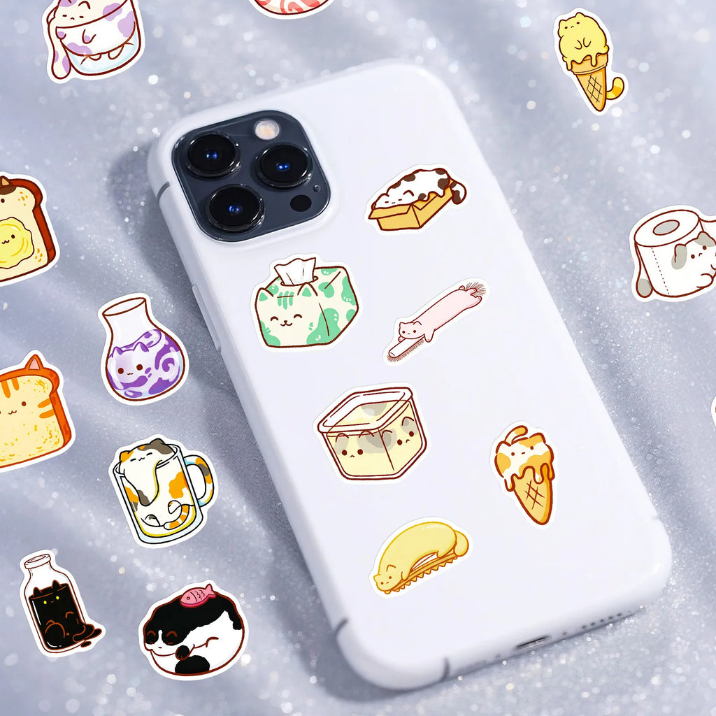 56PCS Cute Cat Bread Doodle Stickers Student Stationery Notebook Diary Office Supplies Storage Box Guitar Waterproof Stickers