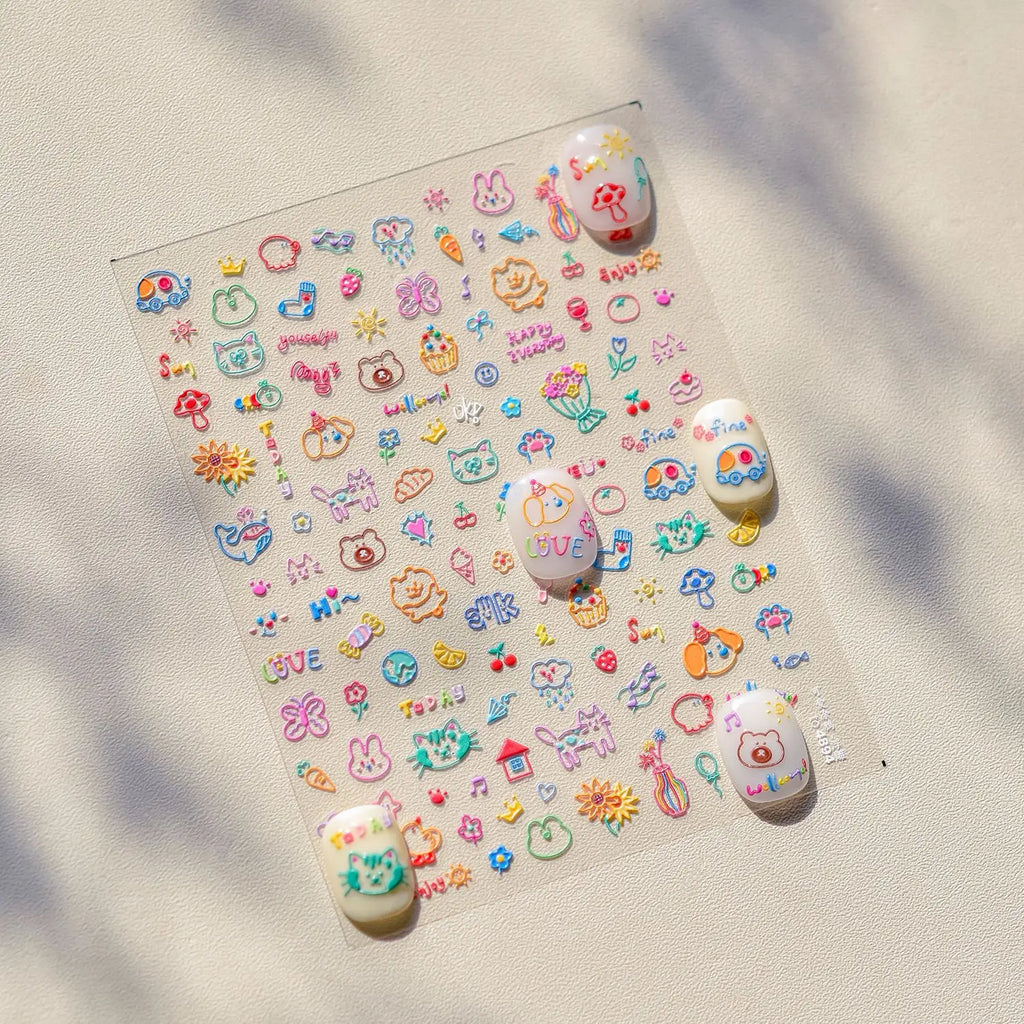 Cute Graffiti Nails Sticker 3D Simple Cat Claw Rabbit Bear Dog Flower Lovely Animal Fruit Adhesive 5D Embossed Nail Art Stickers