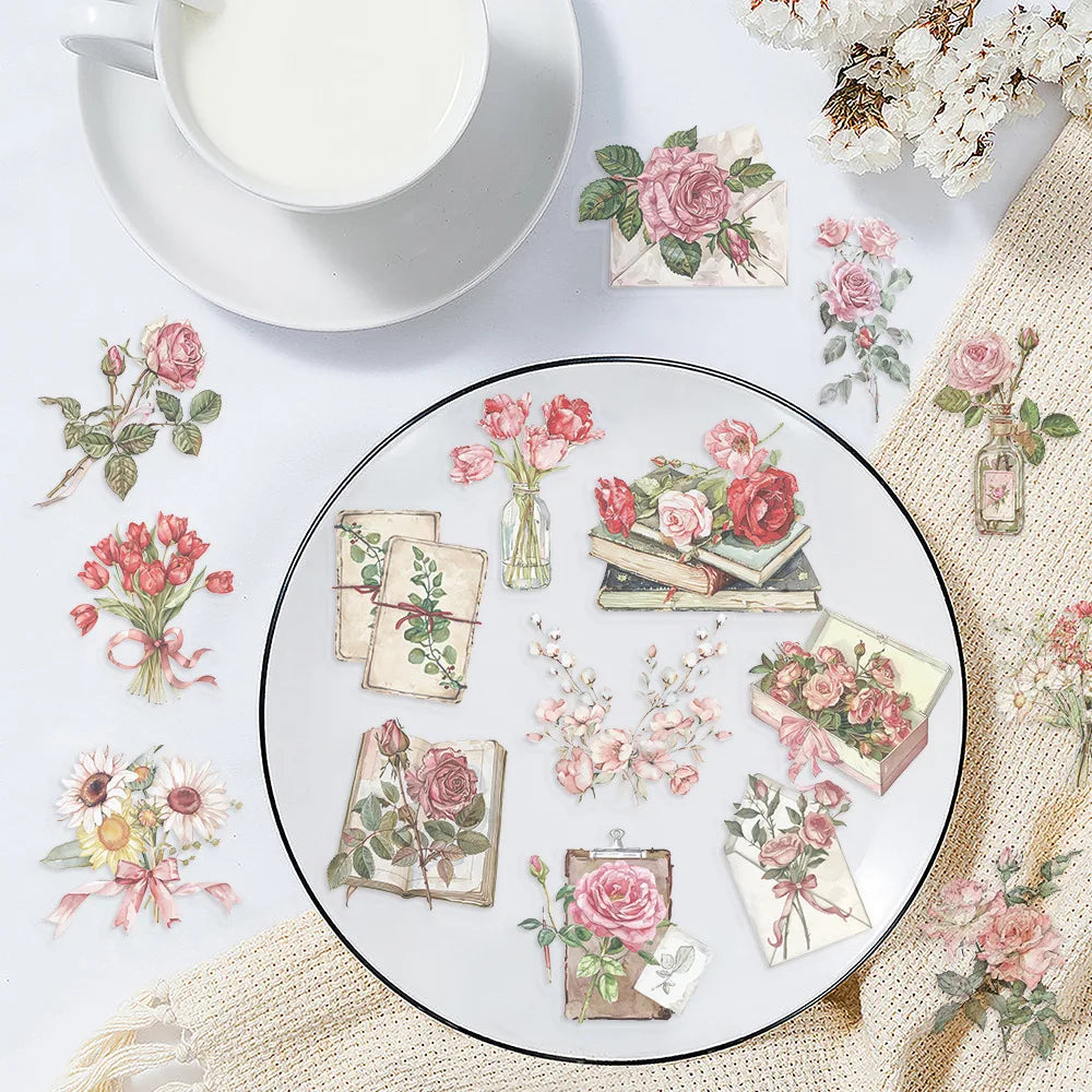 50 Pcs Flower and Letter Sticker Pack Waterproof Transparent PET Booklet Flower Material Decorative Guitar Notebook