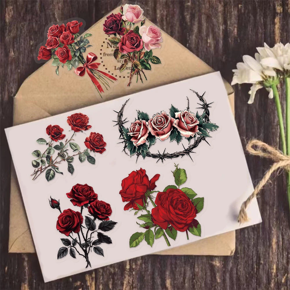 50PCS Retro Red Rose Series Decorative Fun PET Stickers Decorative Materials DIY Waterproof Tablet Computer Toy Stickers
