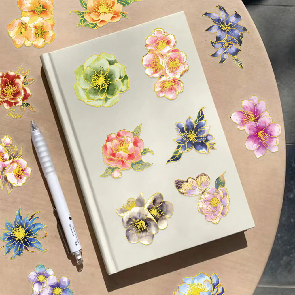 50PCS Hot Stamping Elegant Floral Stickers Transparent PET Water Bottles Luggage Decoration Stationery Notebook Stickers