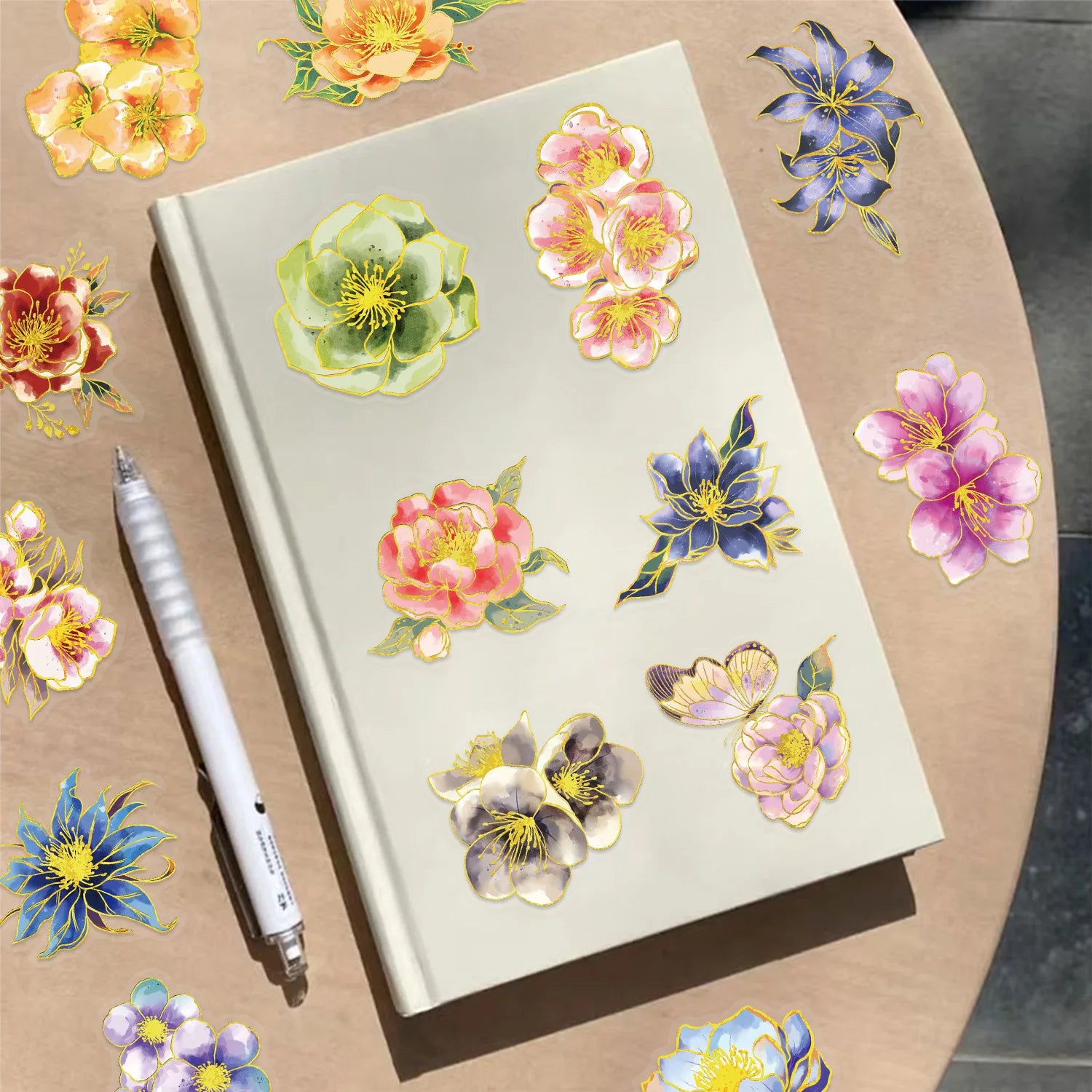 50PCS Hot Stamping Elegant Floral Stickers Transparent PET Water Bottles Luggage Decoration Stationery Notebook Stickers