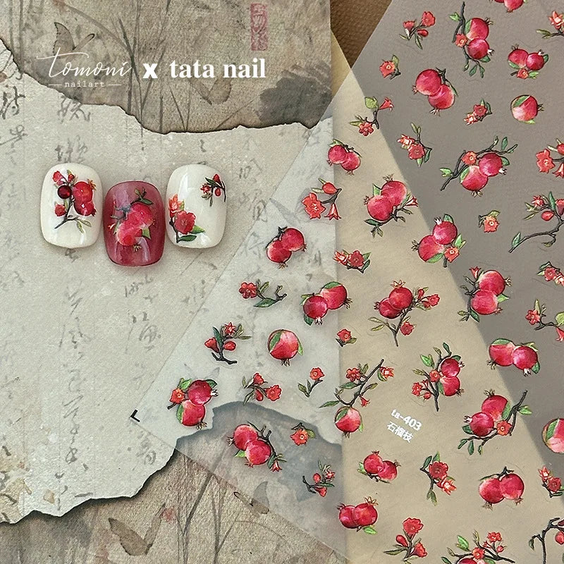 Jelly Fruits Nail Art Stickers Sweet Pomegranate Branch Self Adhesive Nail 3D Decorations Stickers DIY Chinese Nails Accessories