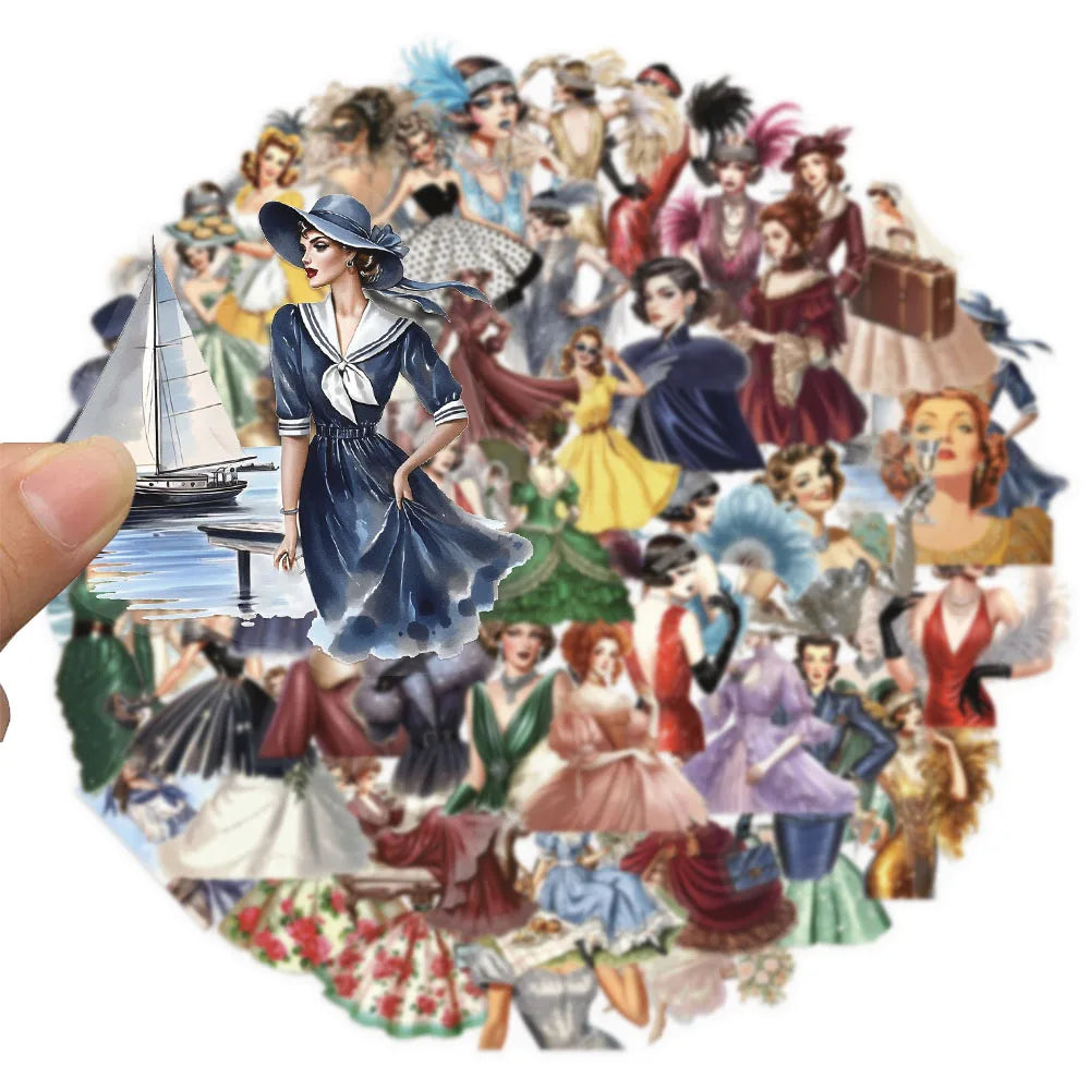 50PCS Retro Women's Classic PET Stickers Decorative Computer Scrapbook Refrigerator Phone Case Speaker Guitar Toy Stickers