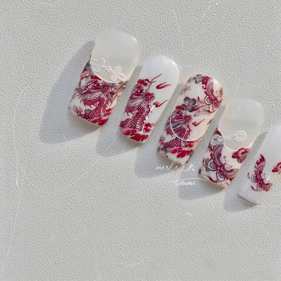 Retro Embroidered Dragon Red Porcelain Chinese 3D Embossed Relief Self Adhesive Nail Art Stickers Manicure Decorations Decal DIY
