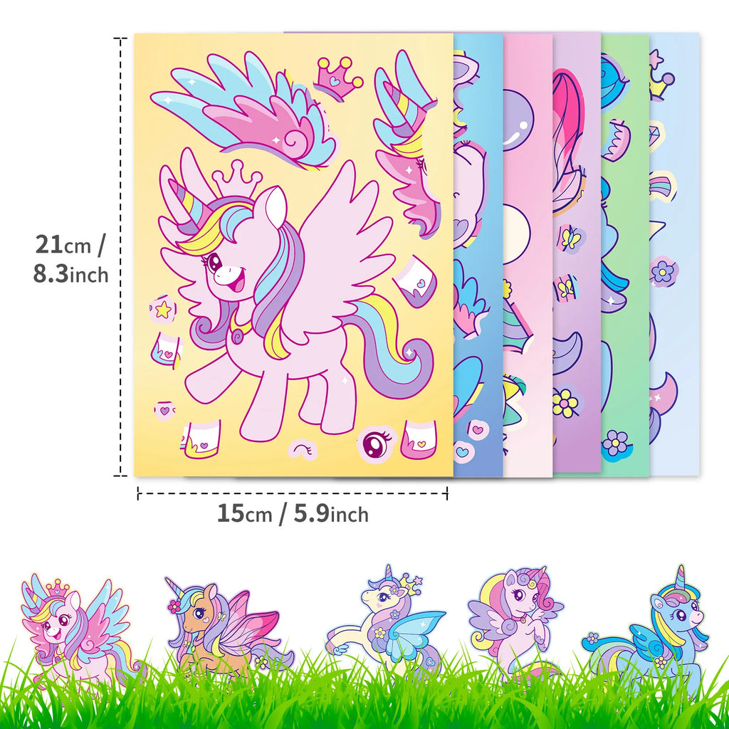 6/12PCS Rainbow Horse DIY Puzzle Sticker Games Unicorn Make A Face Funny Assemble Educational Stickers