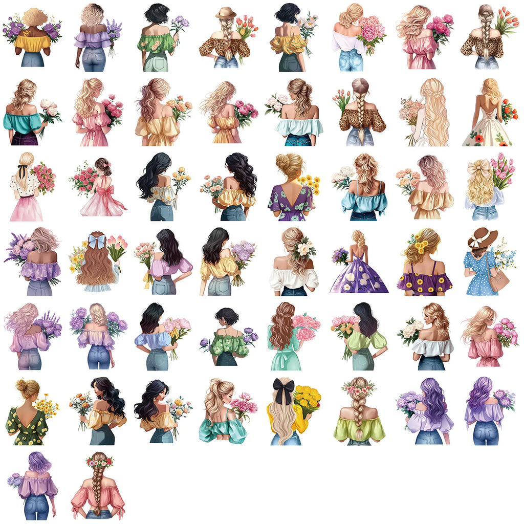 50/100PCS Waterproof Transparent PET Colorful Beautiful Flower Girl Sticker Pack - Decor Helmet Notebook Stationery Laptop