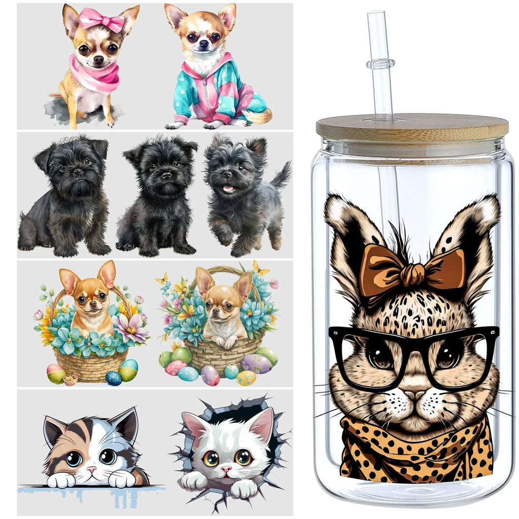 5 Sheets Animal UV DTF Cup Stickers, Glass DTF Transfer Stickers, Waterproof Funny Chick Rub Transfer Paper for 16 oz Glass,Mugs