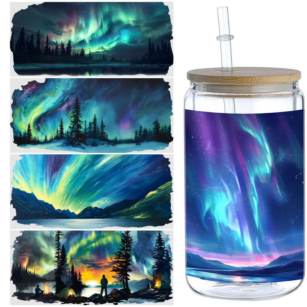 5 sheets of Aurora UV DTF cup packaging suitable for 16oz glass cups, waterproof UV DTF stickers suitable for 16oz glass cups