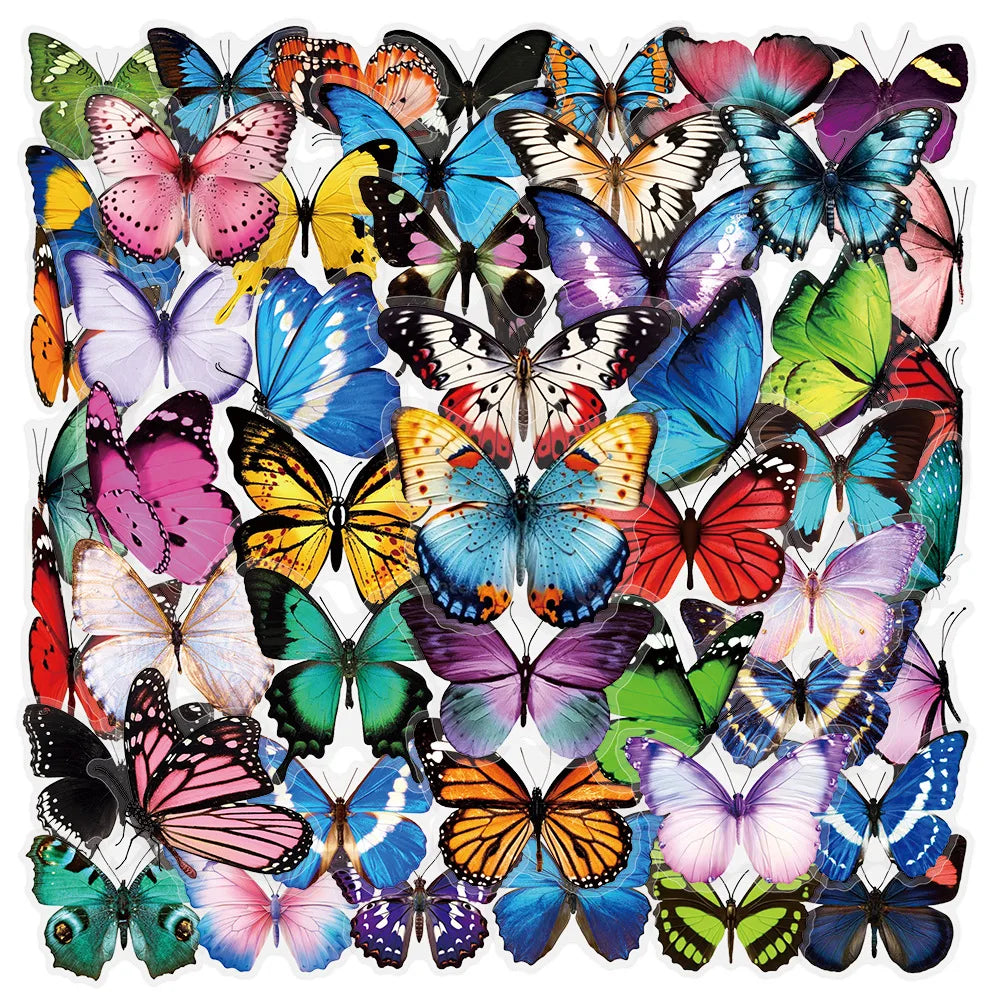 50PCS Cartoon Colorful Butterfly Stickers Pack Waterproof Transparent PET Decorative Guitar Notebook Stickers