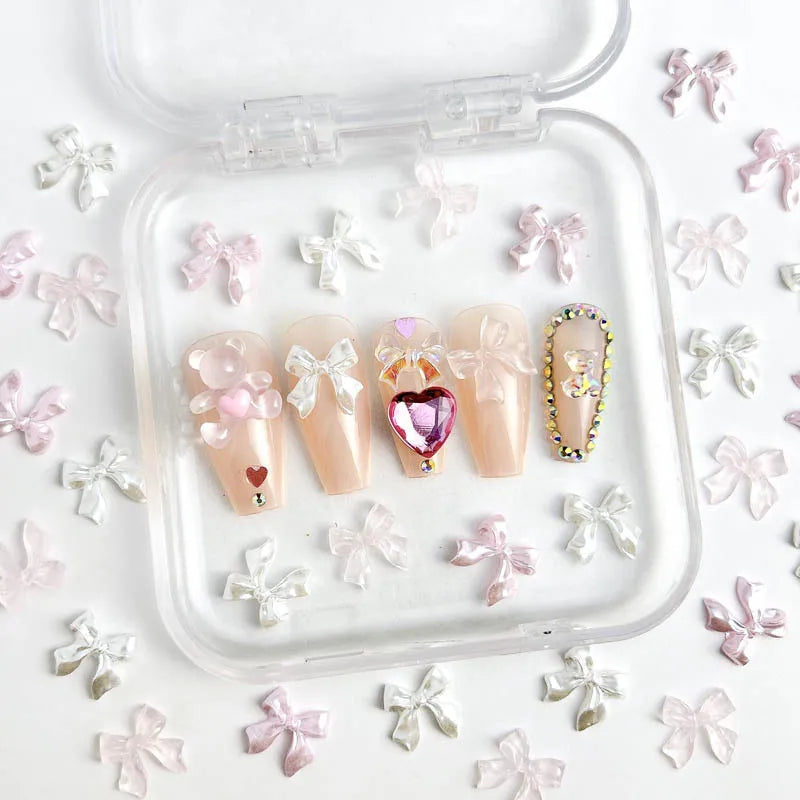 Pink ice-transparent Ribbon Bow Nail Art Accessories Shiny BowKont Resin Nail Charms DIY Manicure Design Nail Decorations Parts