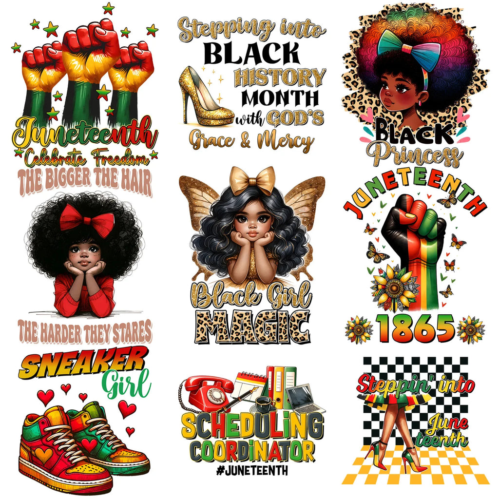 9 Sheets Black Queen Themed Iron-On Decals T-Shirt Heat Transfers for DIY, Juneteenth, Apparel, T-shirts, Masks, Jeans, Backpack