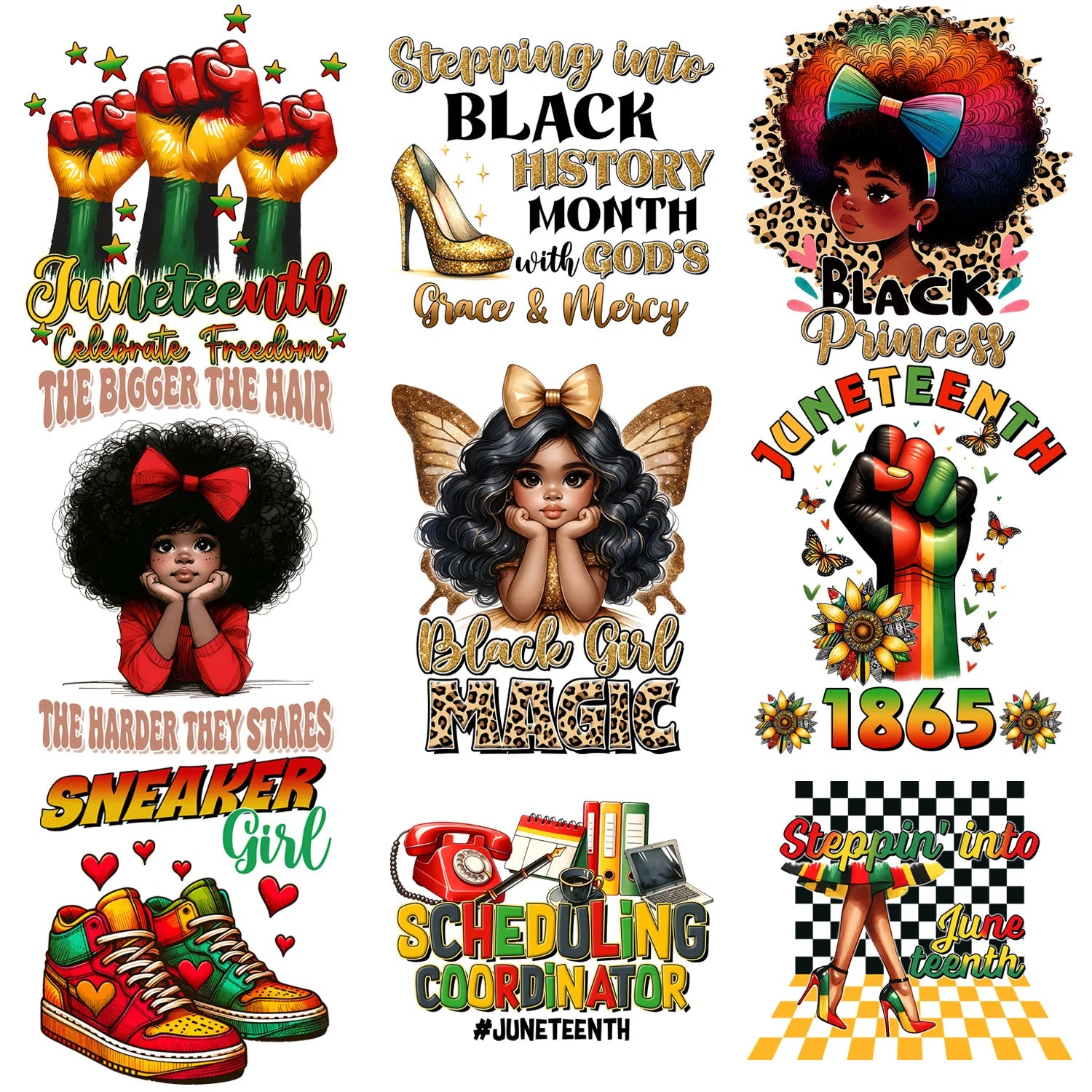 9 Sheets Black Queen Themed Iron-On Decals T-Shirt Heat Transfers for DIY, Juneteenth, Apparel, T-shirts, Masks, Jeans, Backpack