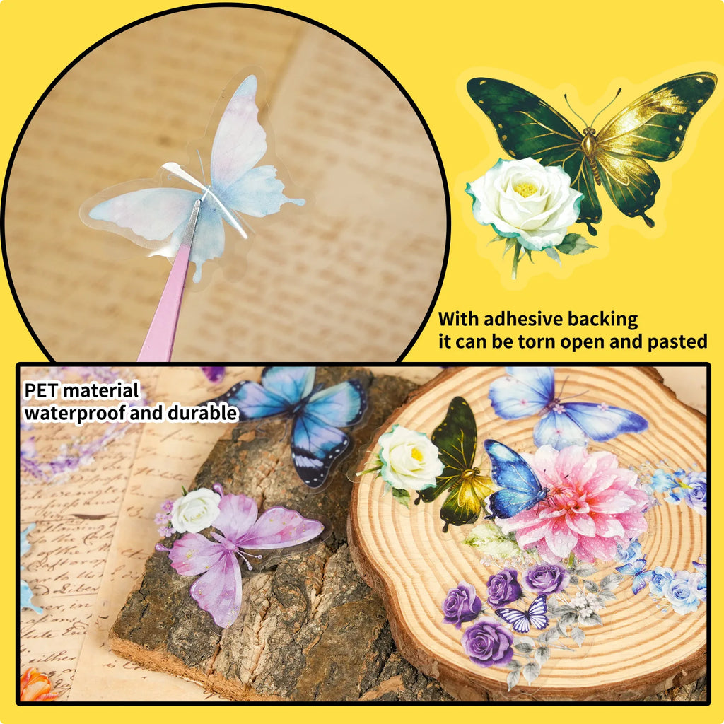 56/112Pcs Butterfly Flower Clear PET Stickers Elegant Dreamy Scrapbook DIY Material for File Holder Stationery Box Fridge Window
