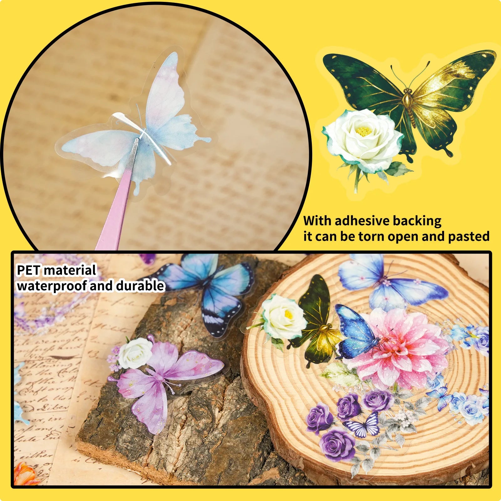 56/112Pcs Butterfly Flower Clear PET Stickers Elegant Dreamy Scrapbook DIY Material for File Holder Stationery Box Fridge Window