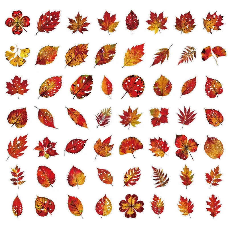 56PCS Red Leaf PET Sticky Sticker Aesthetic Tear Open DIY Decoration Scrapbooking School Stationery Supplies for Kids