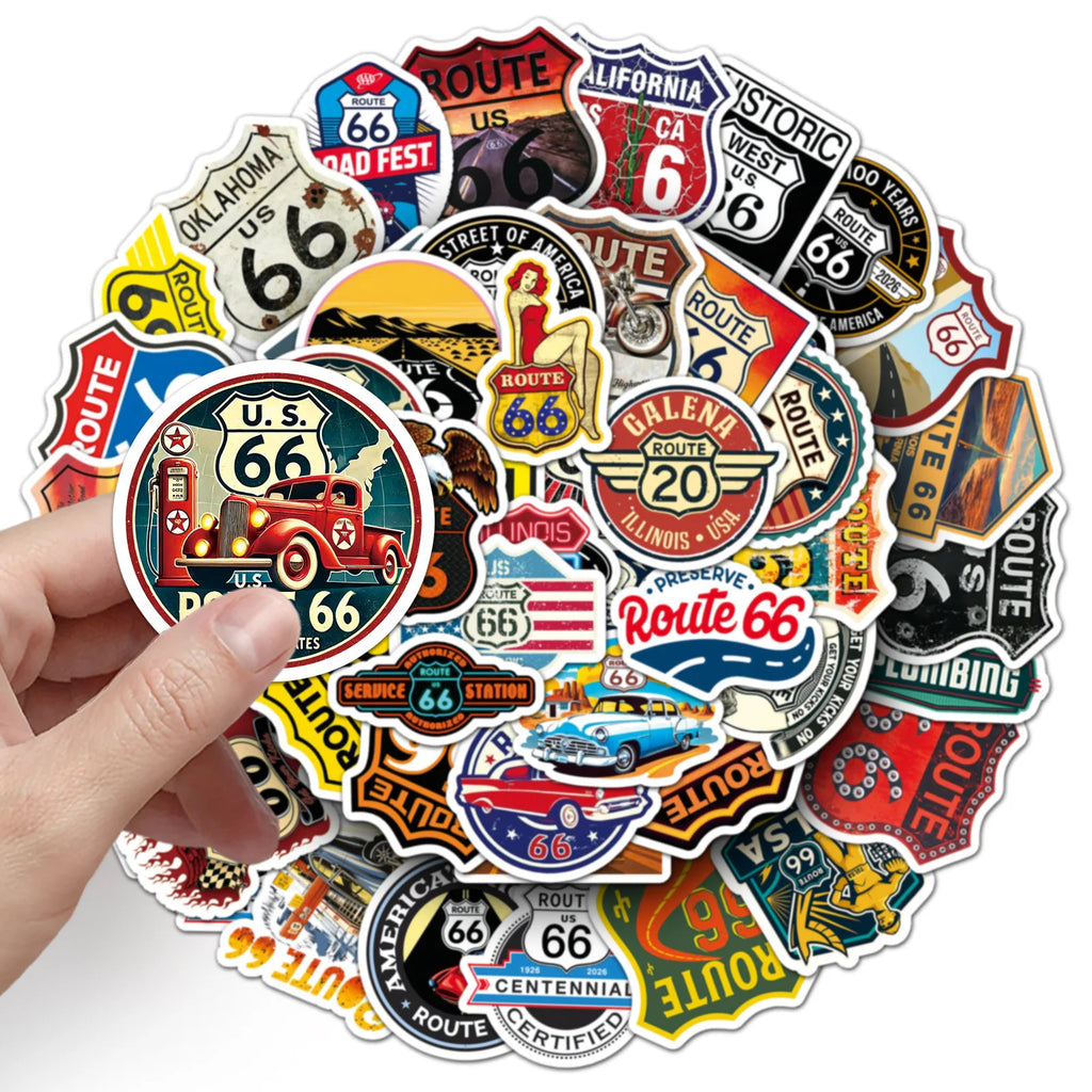 50PCS Classic US Route 66 Stickers, Student Stationery Laptop Helmet Skateboard Decorative Art Waterproof Sticker