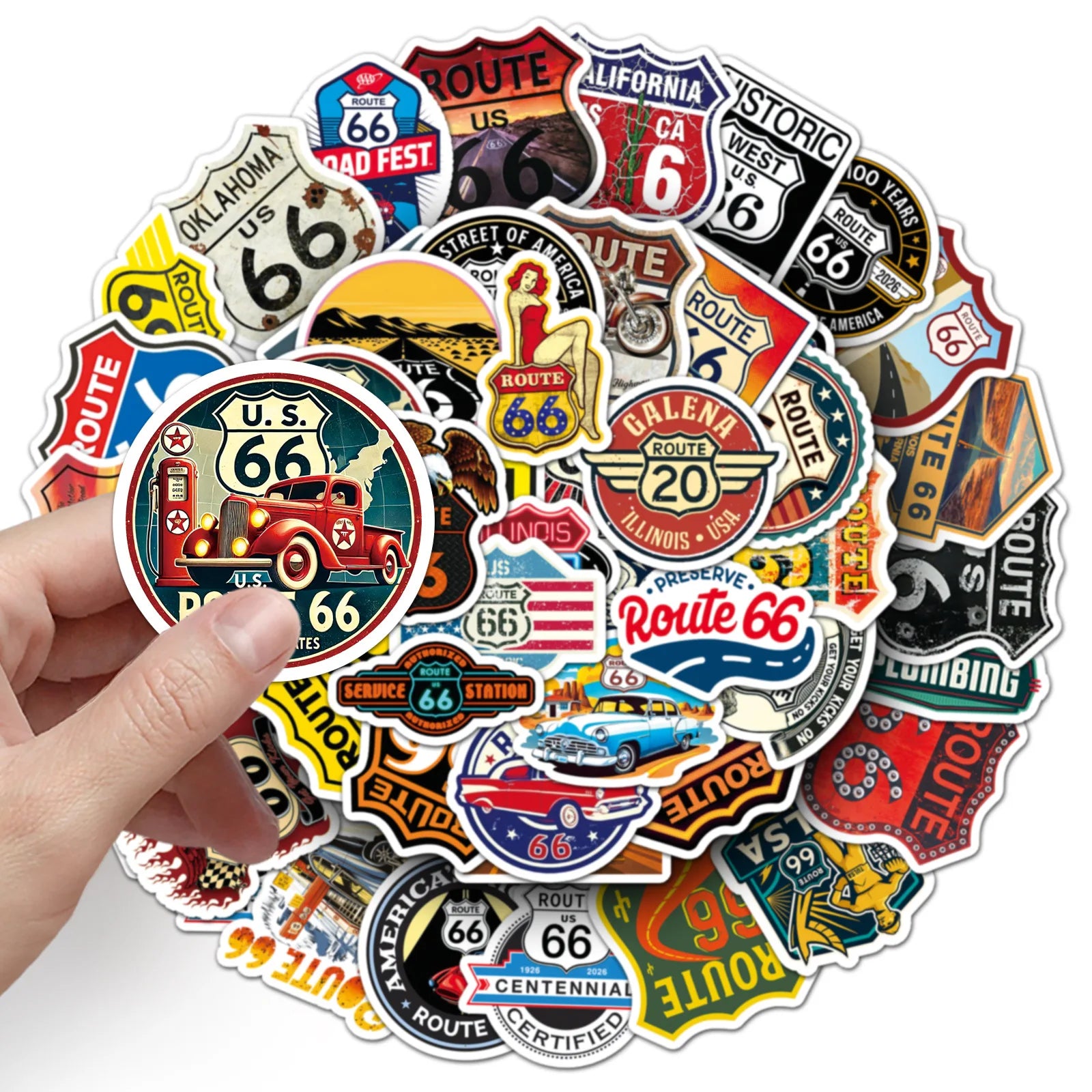 50PCS Classic US Route 66 Stickers, Student Stationery Laptop Helmet Skateboard Decorative Art Waterproof Sticker