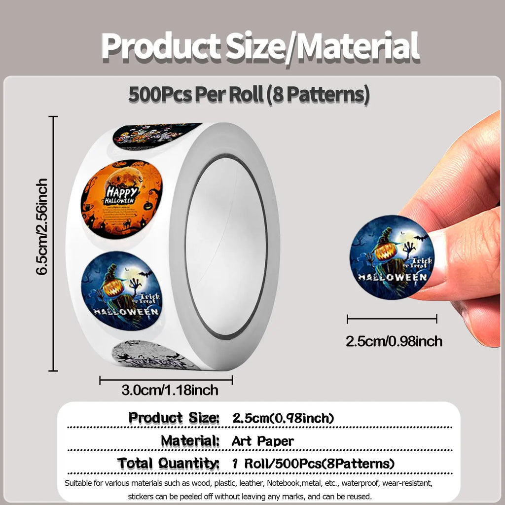 500Pcs Round Cartoon Halloween Day Trick or Treat Stickers 2.5cm/1'' Roll DlY Craft Decoration Scrapbook Label Gift Sealing