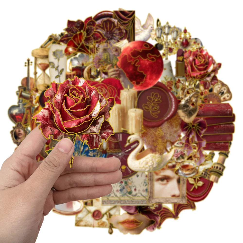 50PCS Retro European Court Style Red Gold Decorative Stickers Computer Scrapbook Refrigerator Phone Case Decorative Stickers