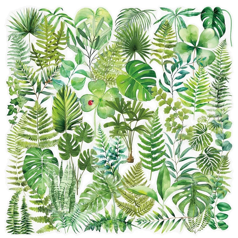 50PCS Transparent Green Plants PET Phone Sticker Aesthetic Tear Open Decoration DIY Colored Laptop Luggage Graffiti Decals