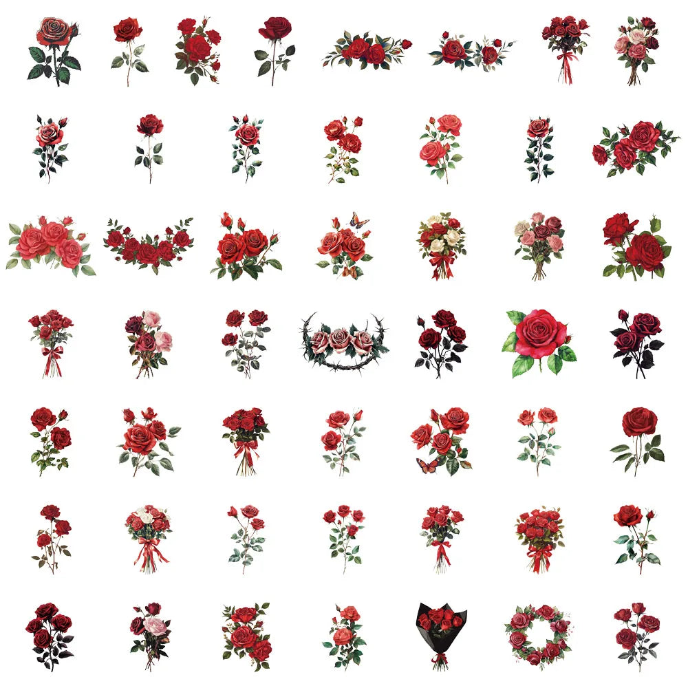 50PCS Retro Red Rose Series Decorative Fun PET Stickers Decorative Materials DIY Waterproof Tablet Computer Toy Stickers