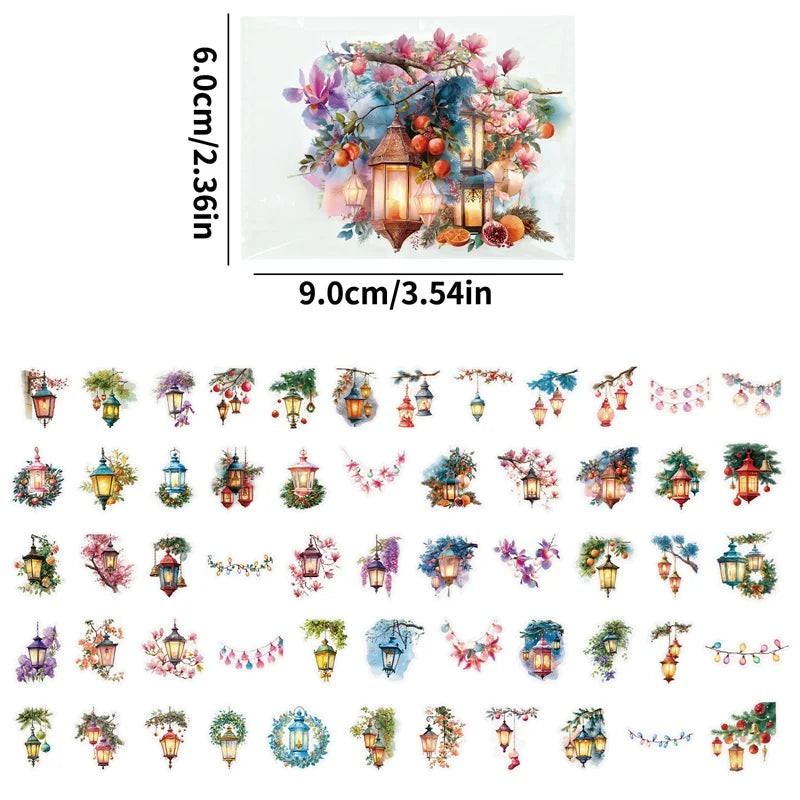 56PCS Vintage Lamp PET Sticky Sticker Aesthetic Tear Open DIY Colored Decoration Scrapbooking Sketchbook Supplies for Kids