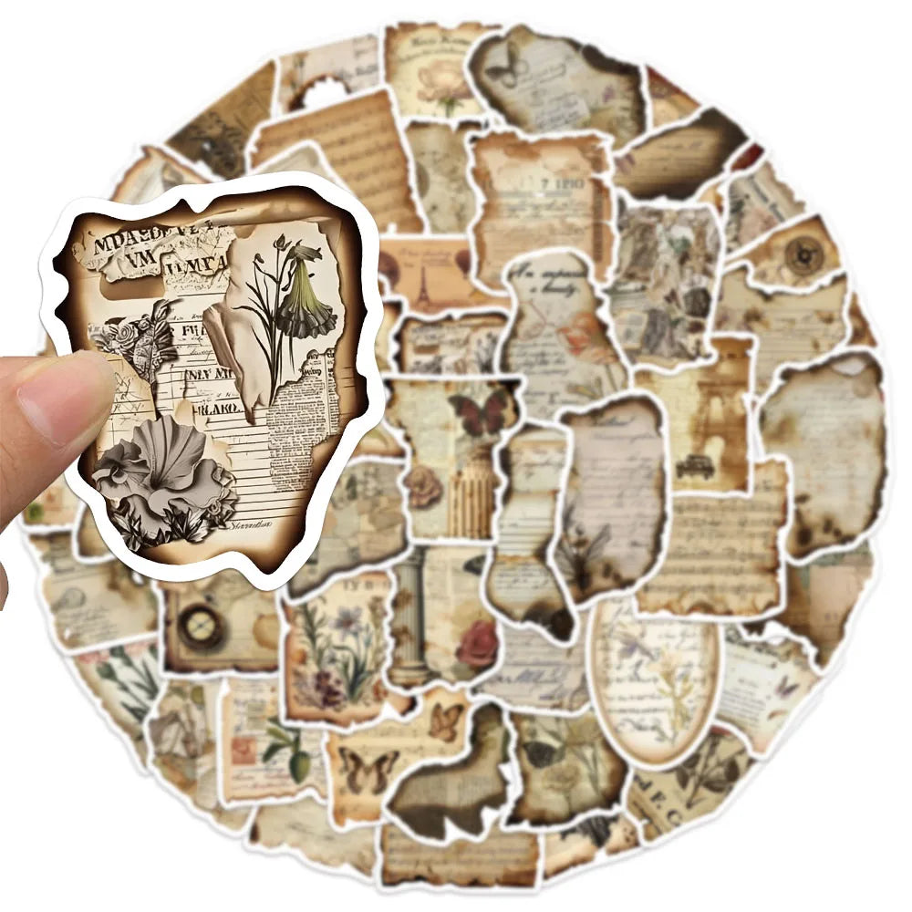 50PCS Vintage Burnt Paper Decorative Stickers DIY Scrapbook Phone Case Laptop Tablet Toy Decorative Stickers