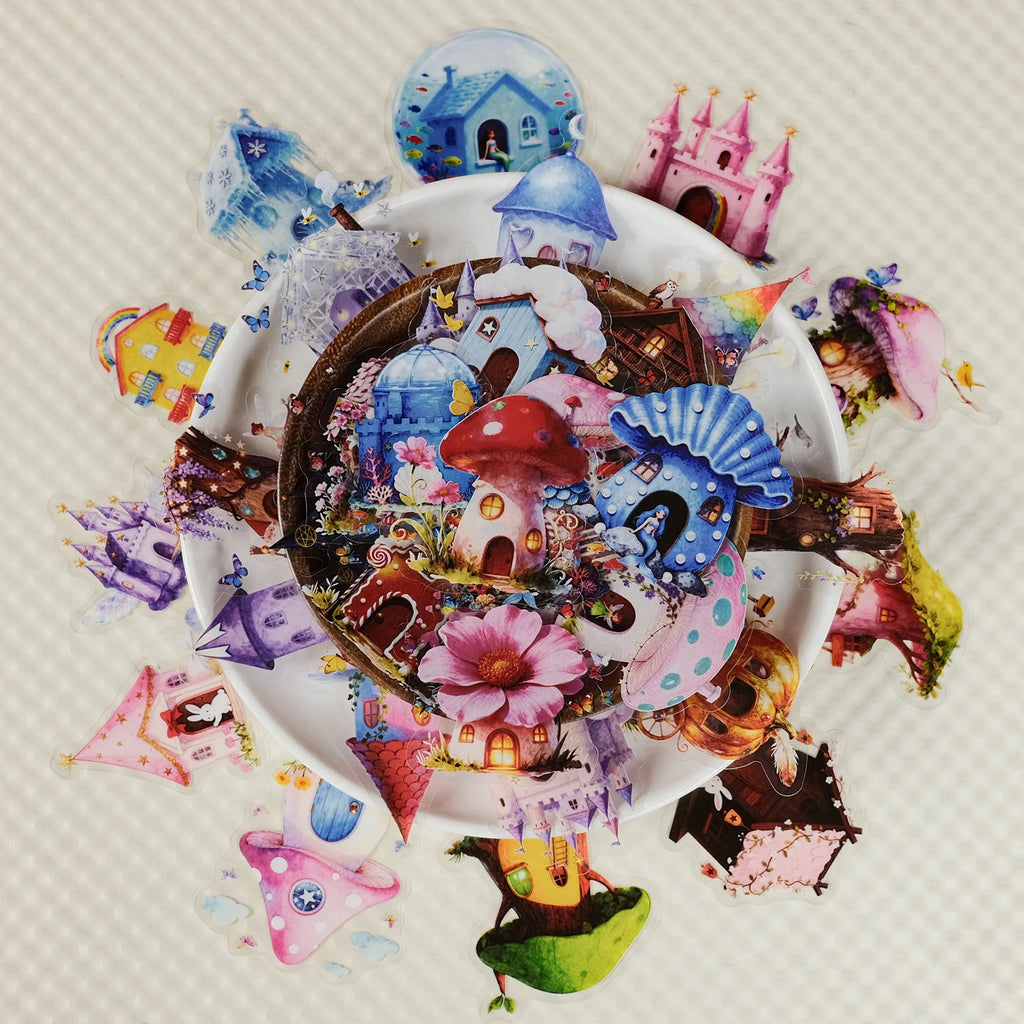 56/112Pcs Fairytale Colorful Mushroom House Castle Stickers, Clear PET Decals for Stationery Notebook Fridge Luggage Guitar