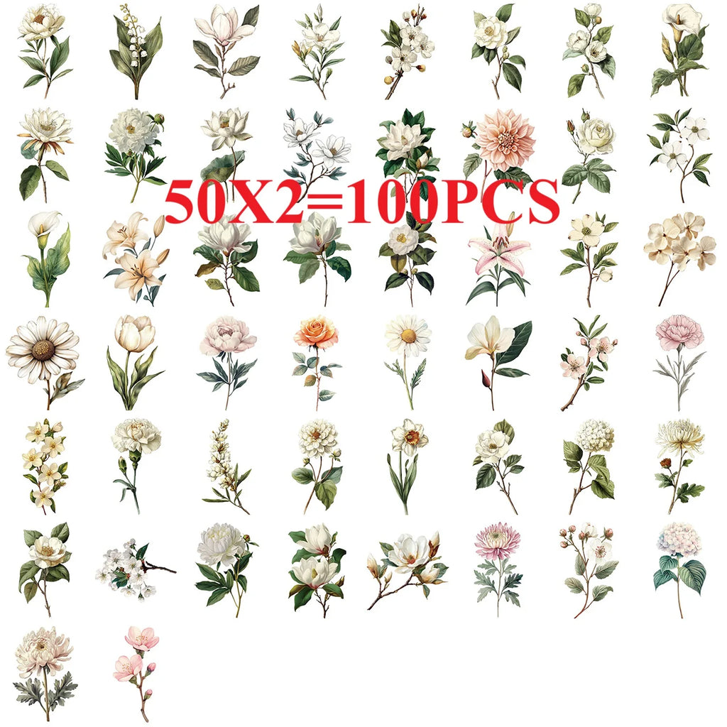 50/100PCS Transparent Retro Long Branch Flower Sticker Pack Waterproof Transparent PET Decorative Guitar Notebook Stickers