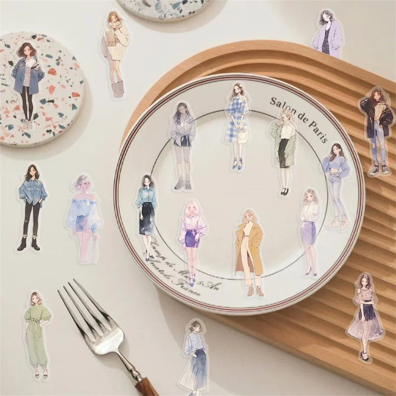50PCS Kawaii Fashion Girl PET Sticky Sticker Aesthetic Korean Stationery DIY Decoration Scrapbooking School Supplies for Kids