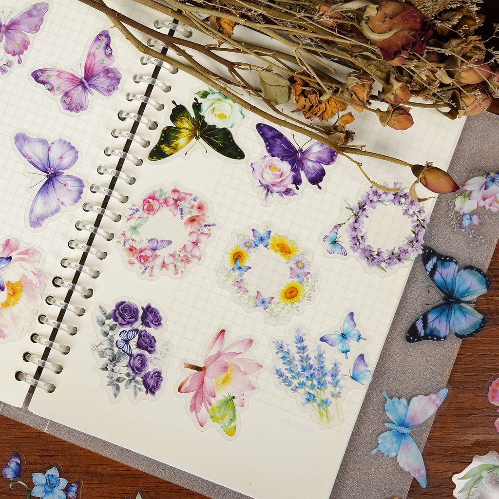 56/112Pcs Butterfly Flower Clear PET Stickers Elegant Dreamy Scrapbook DIY Material for File Holder Stationery Box Fridge Window