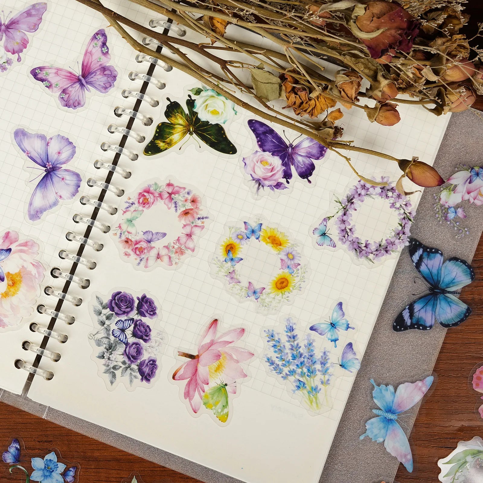 56/112Pcs Butterfly Flower Clear PET Stickers Elegant Dreamy Scrapbook DIY Material for File Holder Stationery Box Fridge Window