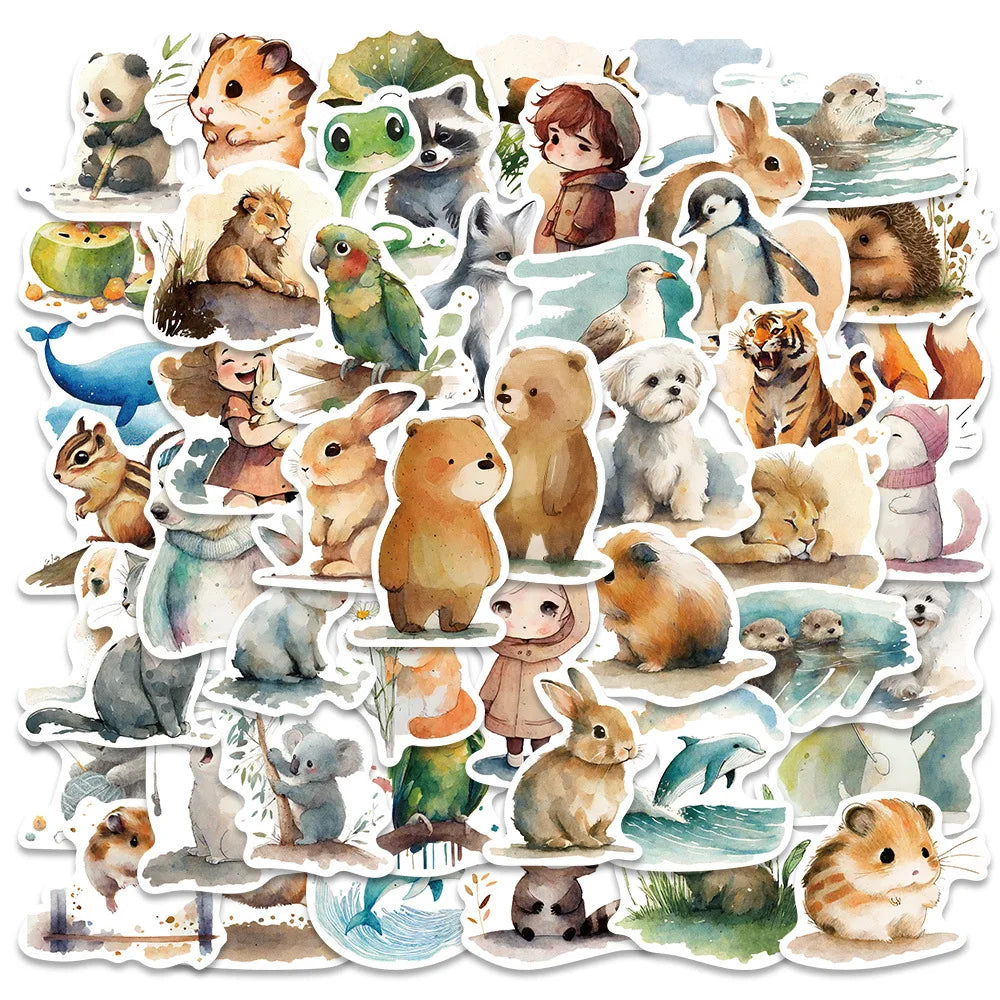 50/100 PCS Cartoon Watercolor Illustration Stickers Laptop Phone Decorative Waterproof Stationery Pen Holder Stickers