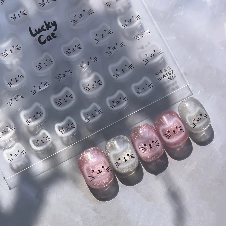 Creative Cat Expression Decoration Nails Stickers 3D White Halo Dyeing Cat Face Adhesive Nail Charms Stickers DIY Manicure Decal