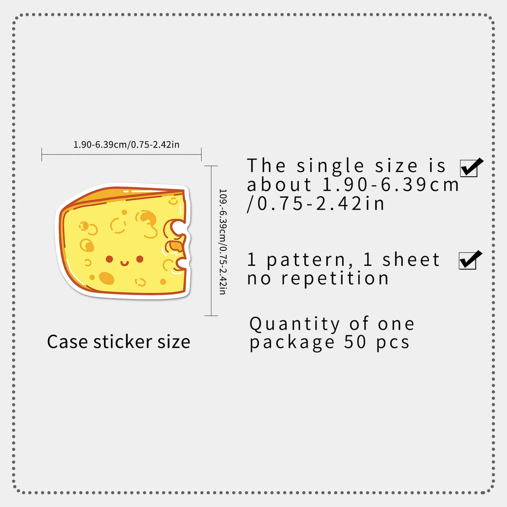 50PCS Cheese Cartoon Stickers, Student Stationery Journal Organizer Box Waterproof Decorative Art Stickers