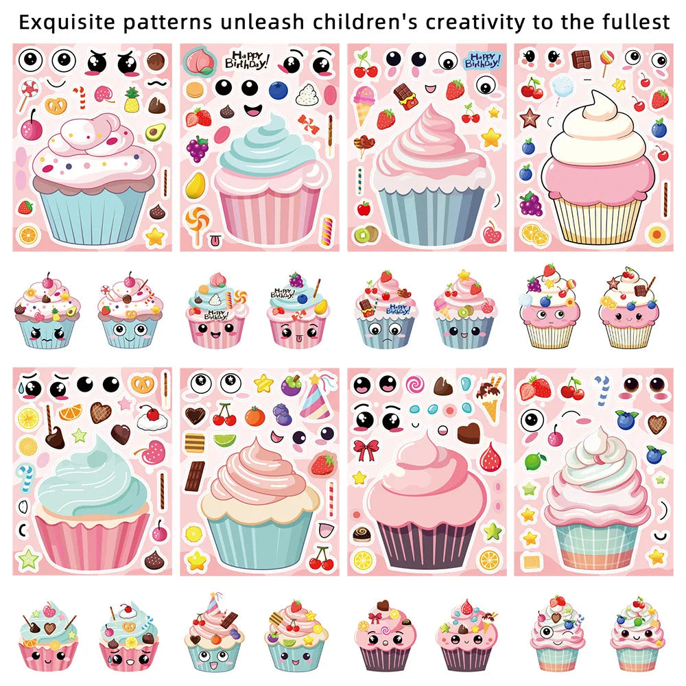 16/24PCS Cute Cartoon Paper Cup Cake Face Changing Stickers Notebook Decoration Waterproof Stationery Children Reward Stickers